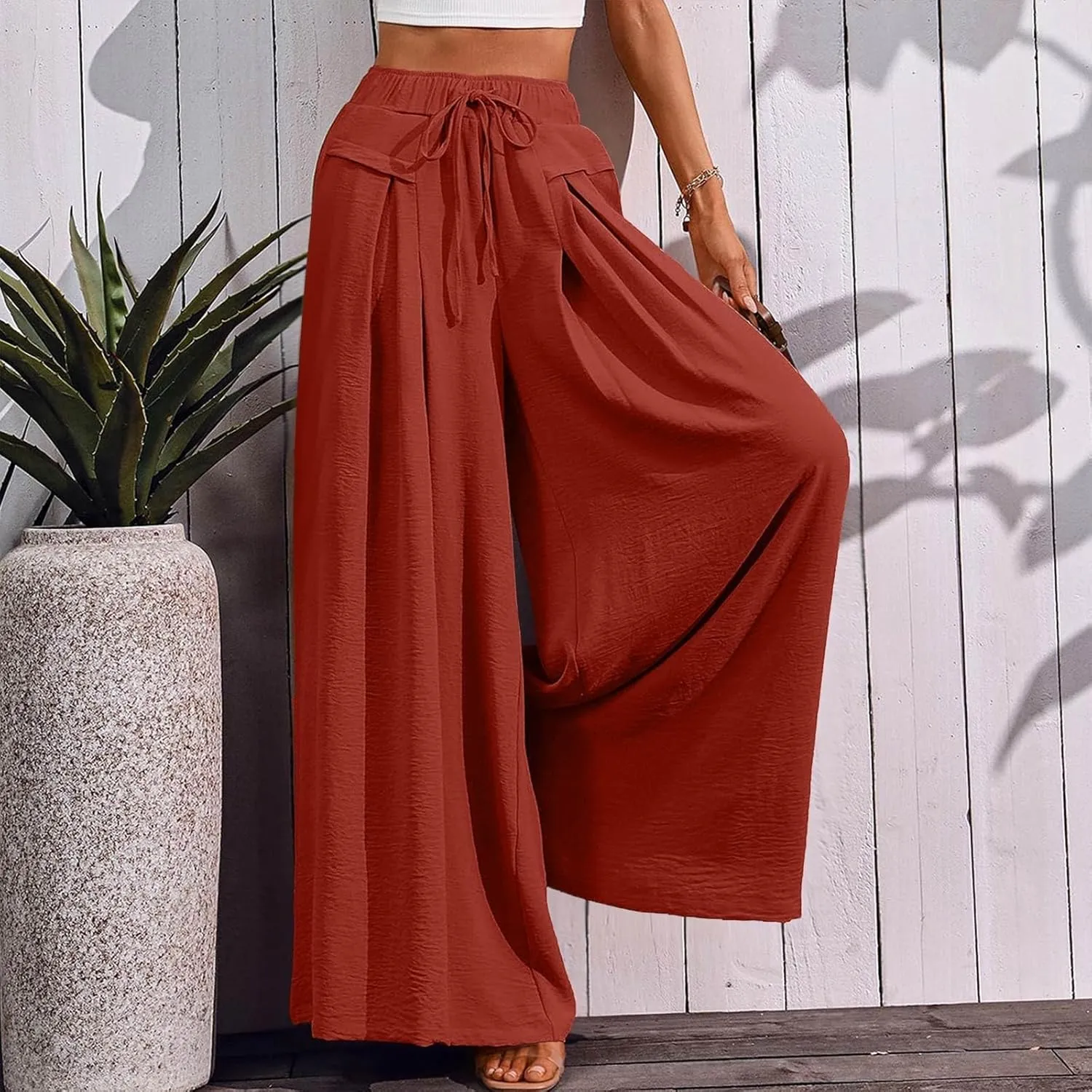 Palazzo Pants for Women Wide Leg Casual Solid Solid Drawstring Pant Summer Beach Vacation Elastic High Waist Trouser