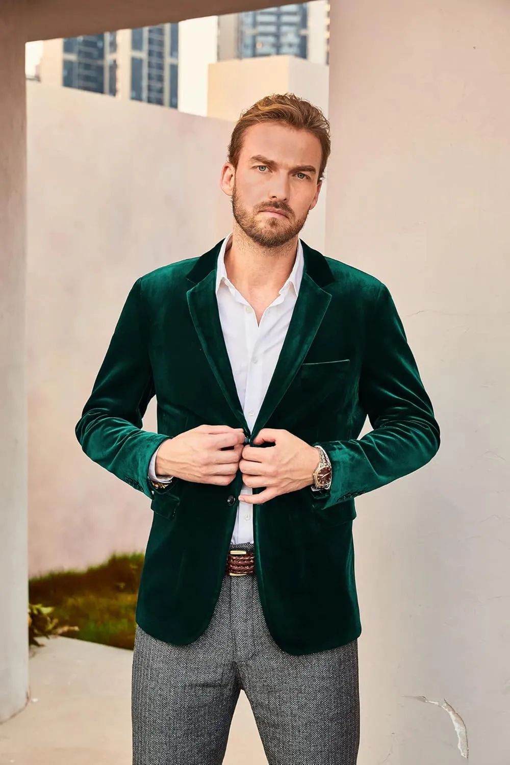 PJ PAUL JONES Mens Velvet Blazer Two Button Sport Coat Solid Slim Fit Suit Jacket for Dinner Prom Wedding