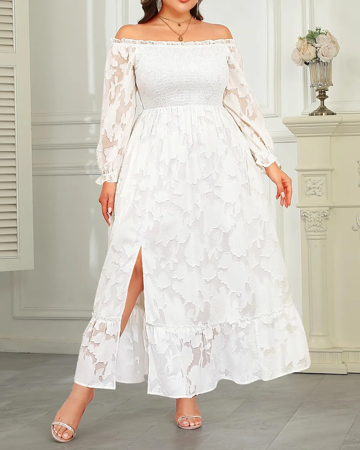 Plus Size Summer Dresses Maxi - Boho Casual Off Shoulder Floral Lace Long Dress with Pockets