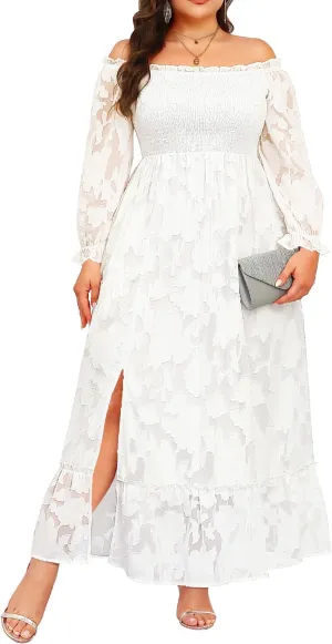 Plus Size Summer Dresses Maxi - Boho Casual Off Shoulder Floral Lace Long Dress with Pockets