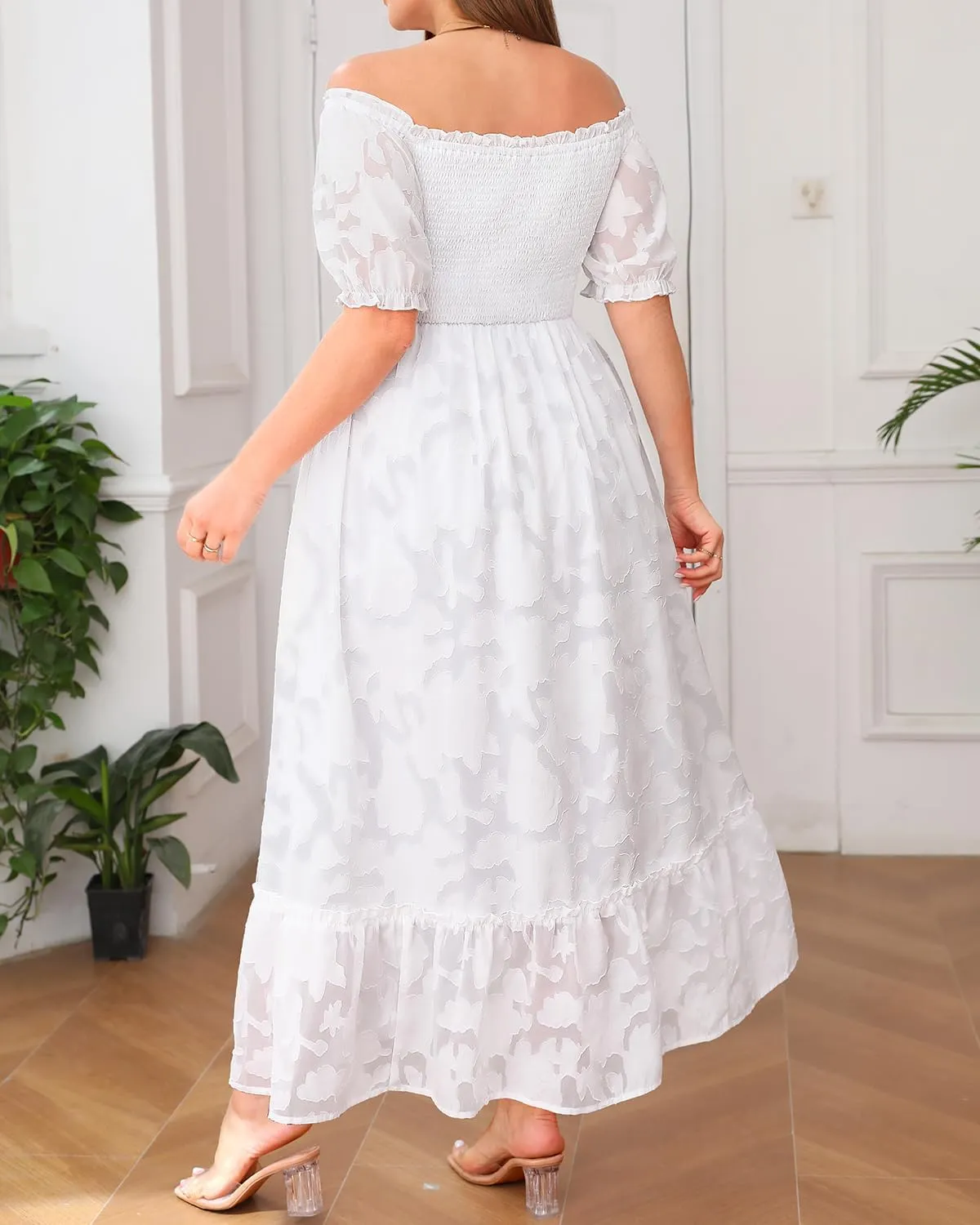Plus Size Summer Dresses Maxi - Boho Casual Off Shoulder Floral Lace Long Dress with Pockets