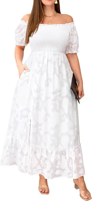 Plus Size Summer Dresses Maxi - Boho Casual Off Shoulder Floral Lace Long Dress with Pockets