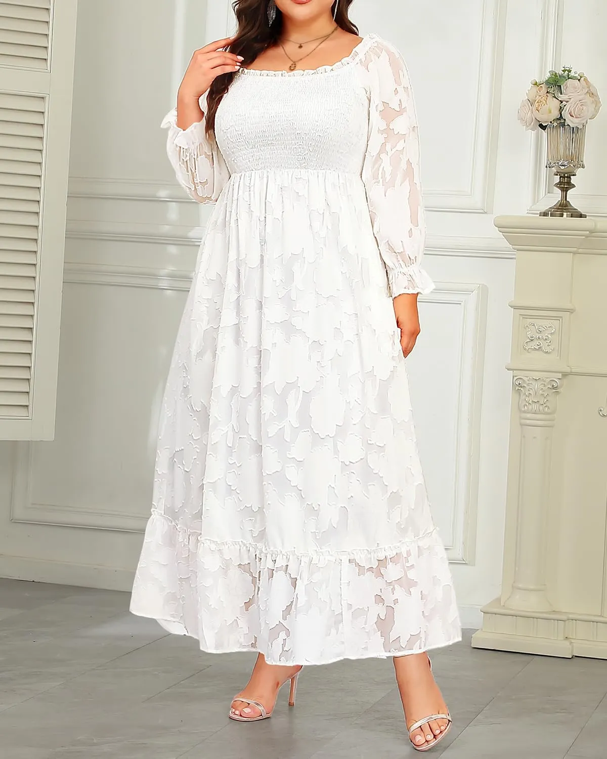 Plus Size Summer Dresses Maxi - Boho Casual Off Shoulder Floral Lace Long Dress with Pockets