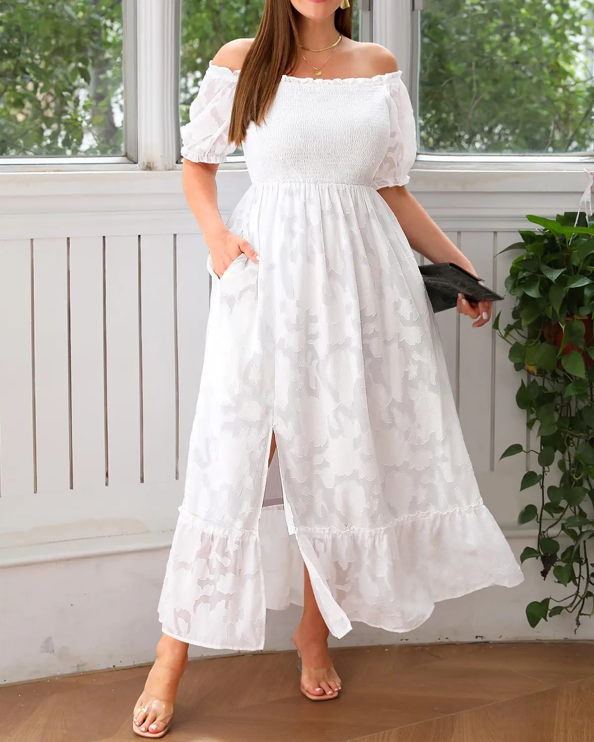 Plus Size Summer Dresses Maxi - Boho Casual Off Shoulder Floral Lace Long Dress with Pockets