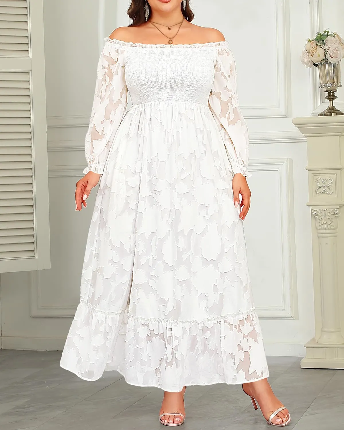 Plus Size Summer Dresses Maxi - Boho Casual Off Shoulder Floral Lace Long Dress with Pockets