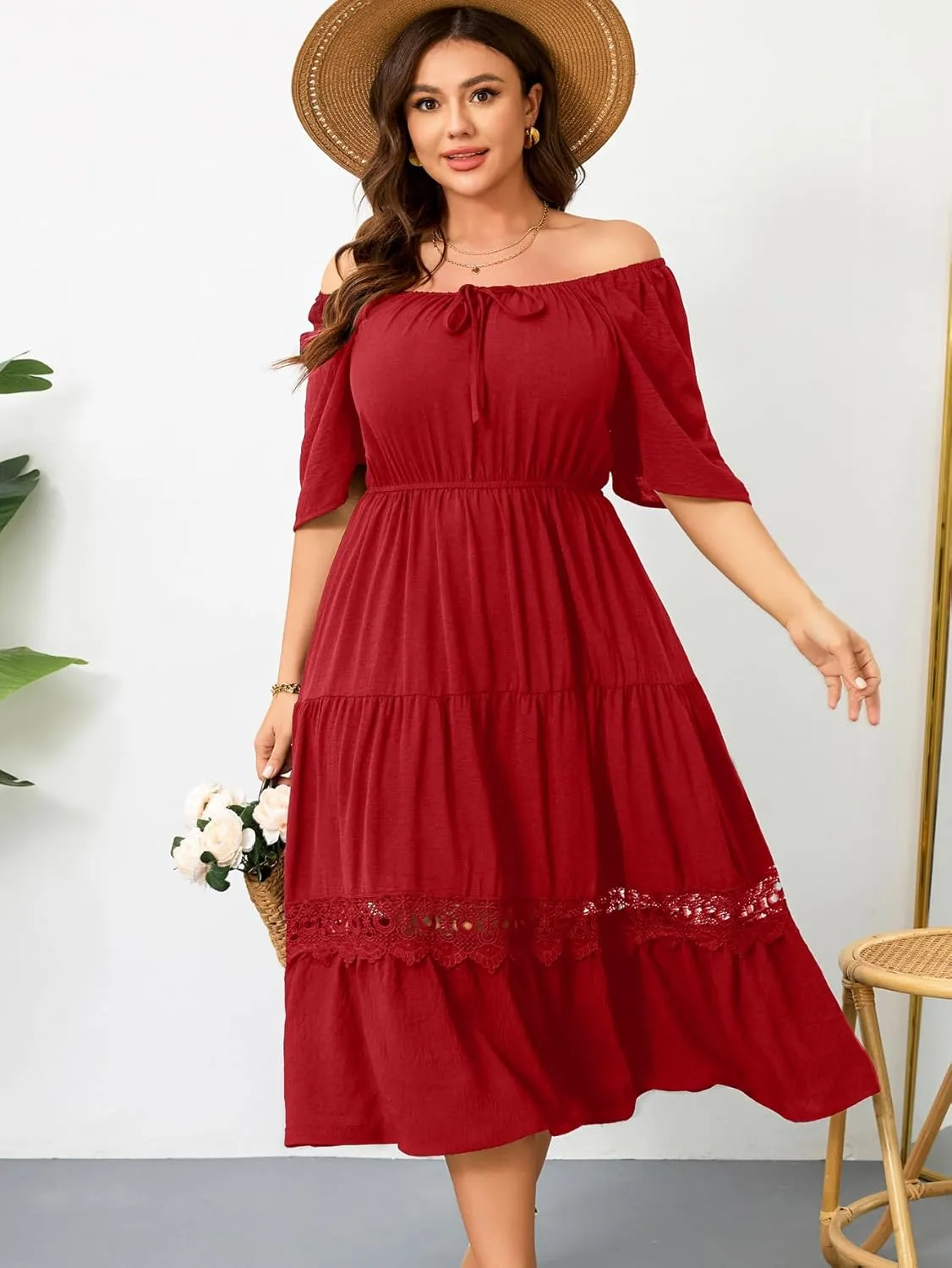 RWJ Women's Plus Size Maxi Dress Short Sleeve Square Neck Flowy A-Line Lace Trim Flutter Party Casual Off Shoulder Dresses