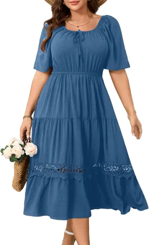 RWJ Women's Plus Size Maxi Dress Short Sleeve Square Neck Flowy A-Line Lace Trim Flutter Party Casual Off Shoulder Dresses