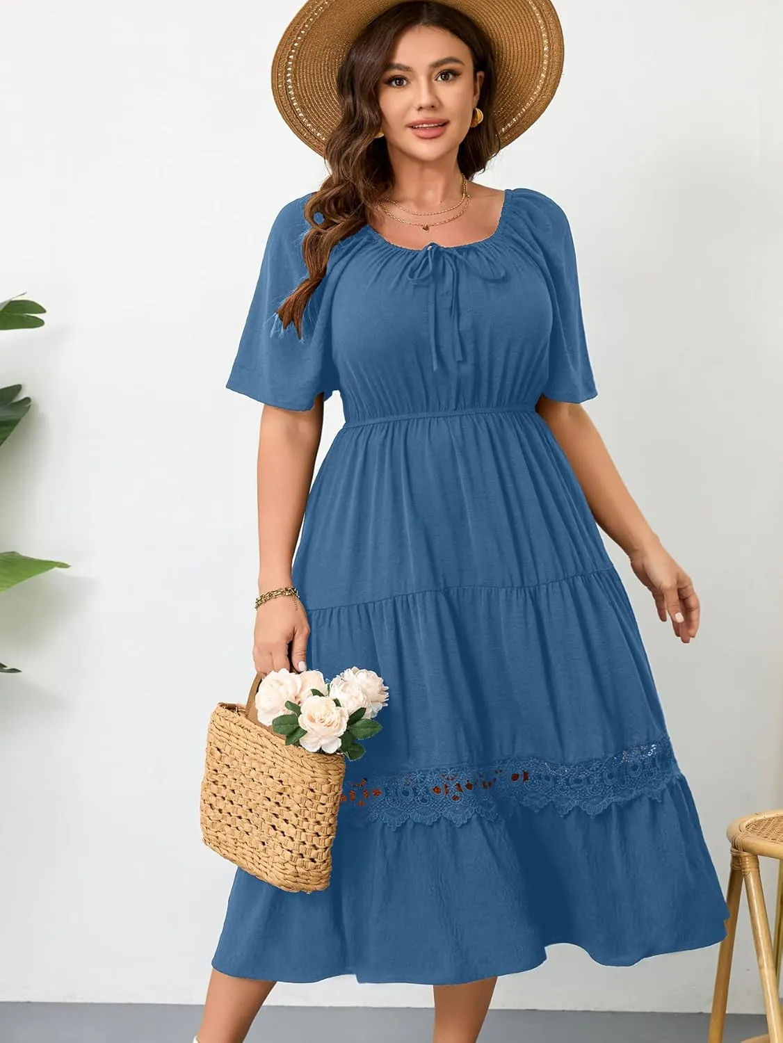 RWJ Women's Plus Size Maxi Dress Short Sleeve Square Neck Flowy A-Line Lace Trim Flutter Party Casual Off Shoulder Dresses
