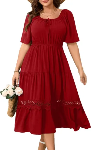 RWJ Women's Plus Size Maxi Dress Short Sleeve Square Neck Flowy A-Line Lace Trim Flutter Party Casual Off Shoulder Dresses