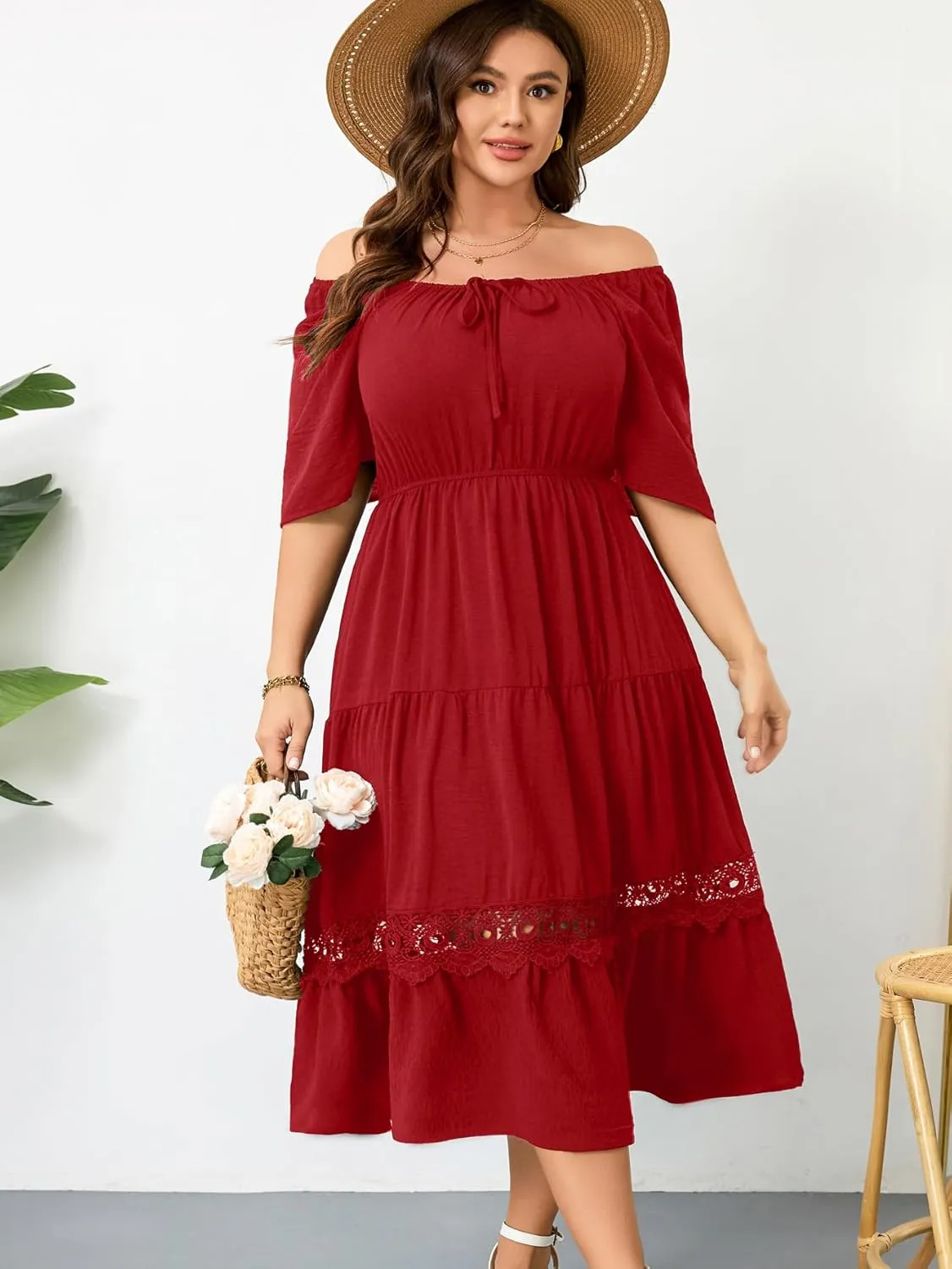 RWJ Women's Plus Size Maxi Dress Short Sleeve Square Neck Flowy A-Line Lace Trim Flutter Party Casual Off Shoulder Dresses