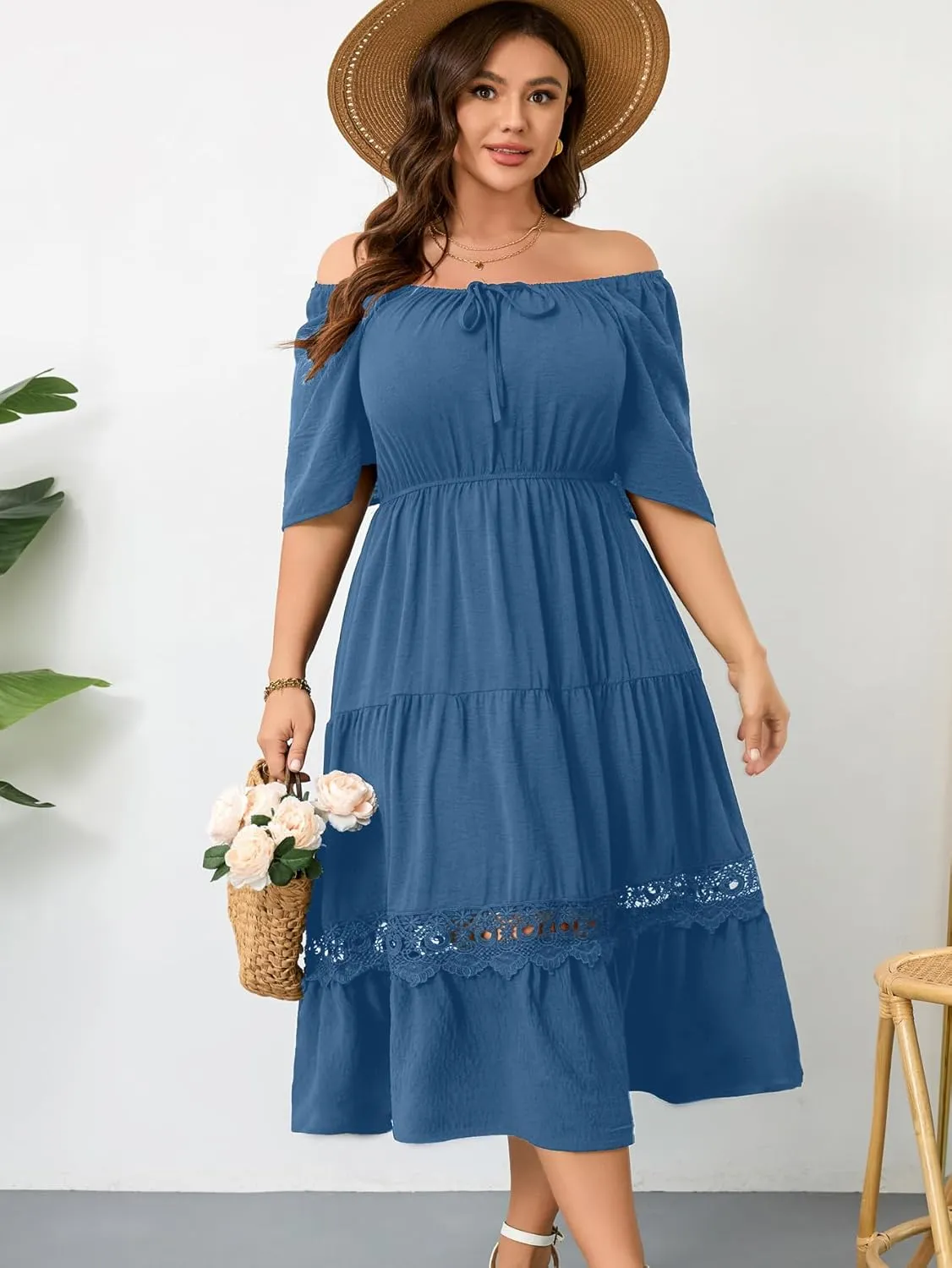 RWJ Women's Plus Size Maxi Dress Short Sleeve Square Neck Flowy A-Line Lace Trim Flutter Party Casual Off Shoulder Dresses