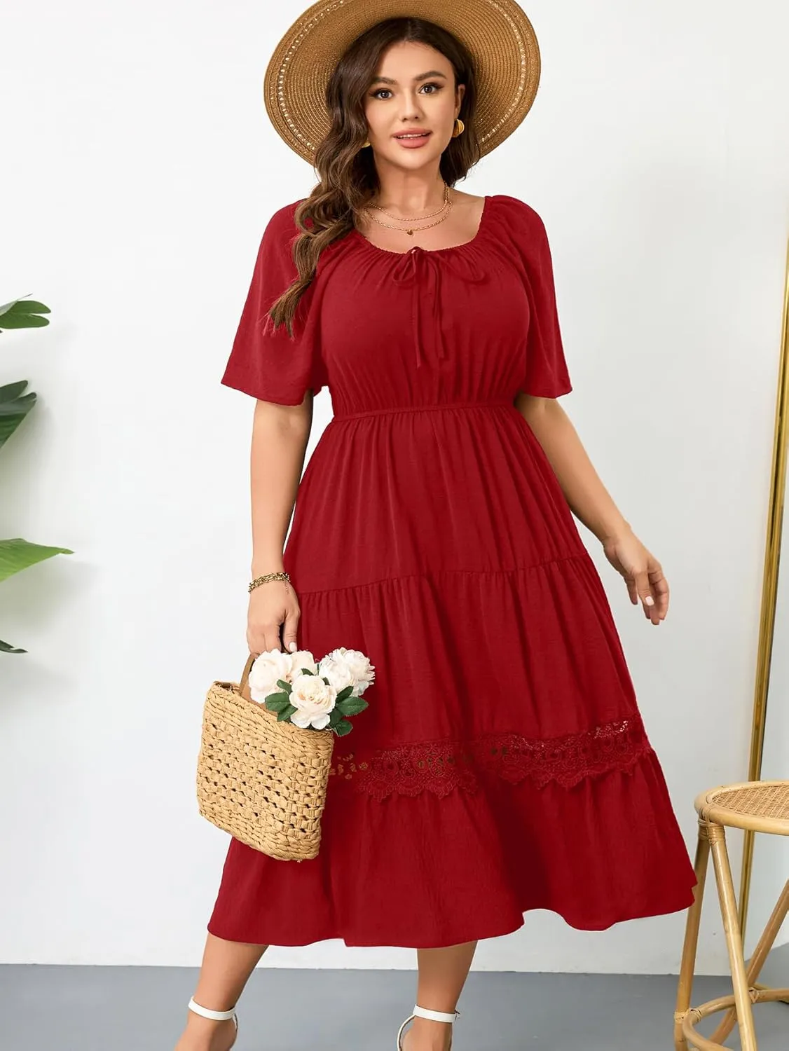 RWJ Women's Plus Size Maxi Dress Short Sleeve Square Neck Flowy A-Line Lace Trim Flutter Party Casual Off Shoulder Dresses