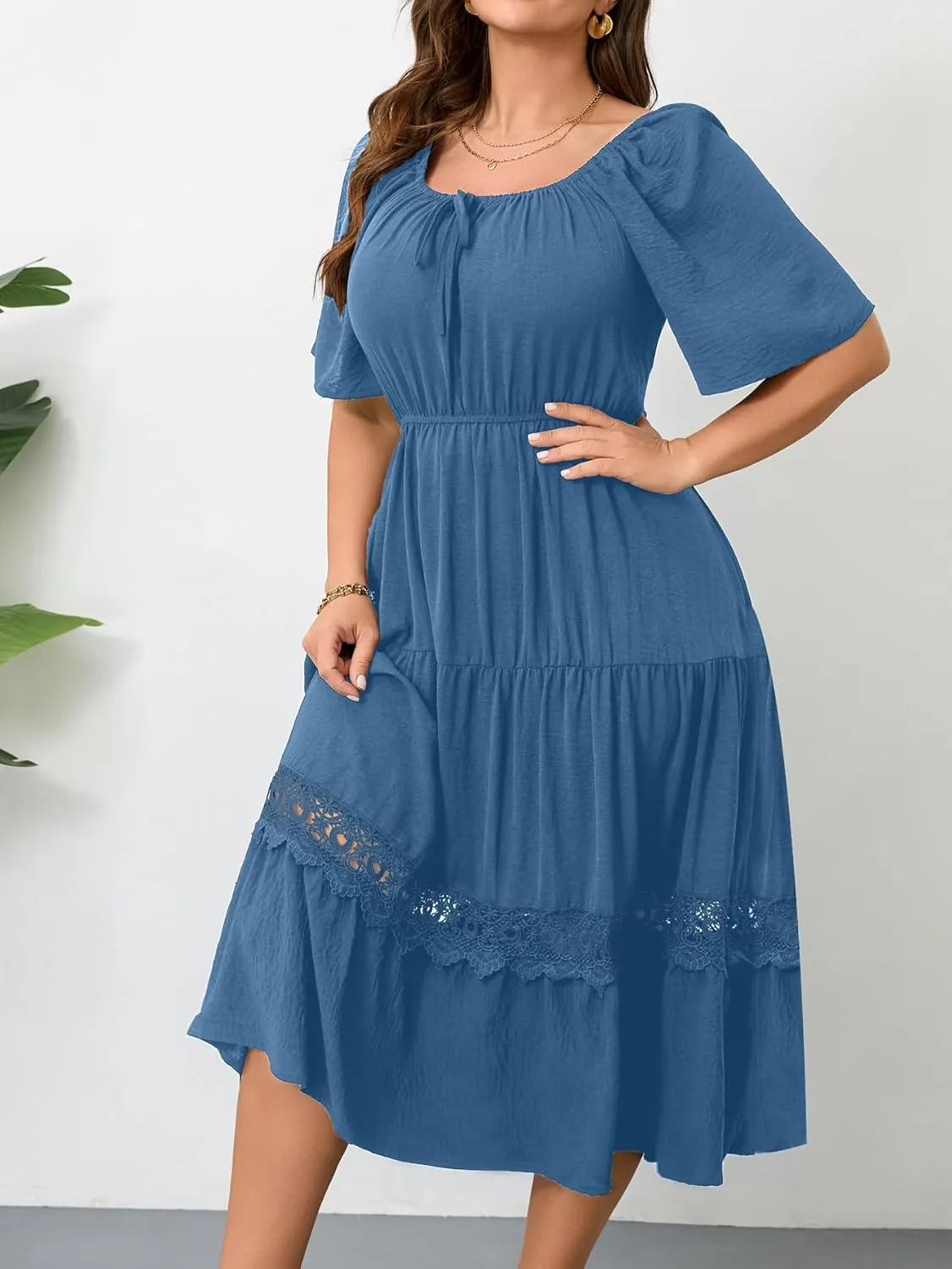 RWJ Women's Plus Size Maxi Dress Short Sleeve Square Neck Flowy A-Line Lace Trim Flutter Party Casual Off Shoulder Dresses