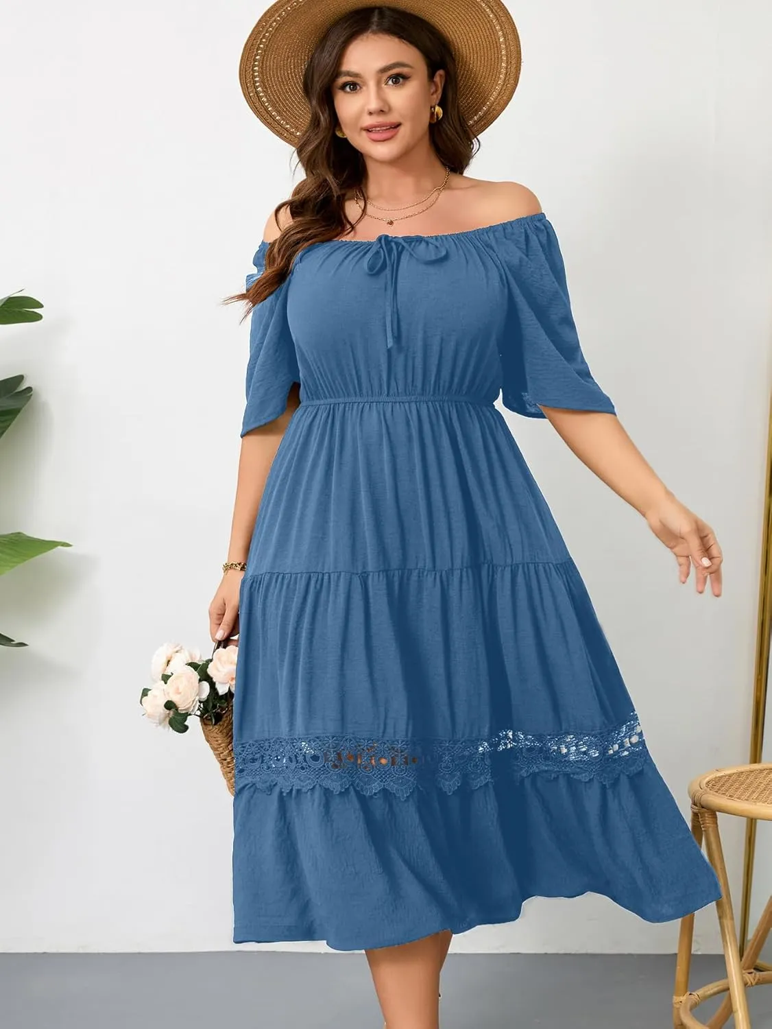 RWJ Women's Plus Size Maxi Dress Short Sleeve Square Neck Flowy A-Line Lace Trim Flutter Party Casual Off Shoulder Dresses