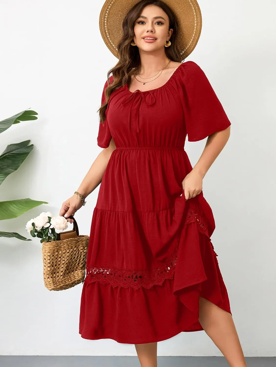 RWJ Women's Plus Size Maxi Dress Short Sleeve Square Neck Flowy A-Line Lace Trim Flutter Party Casual Off Shoulder Dresses