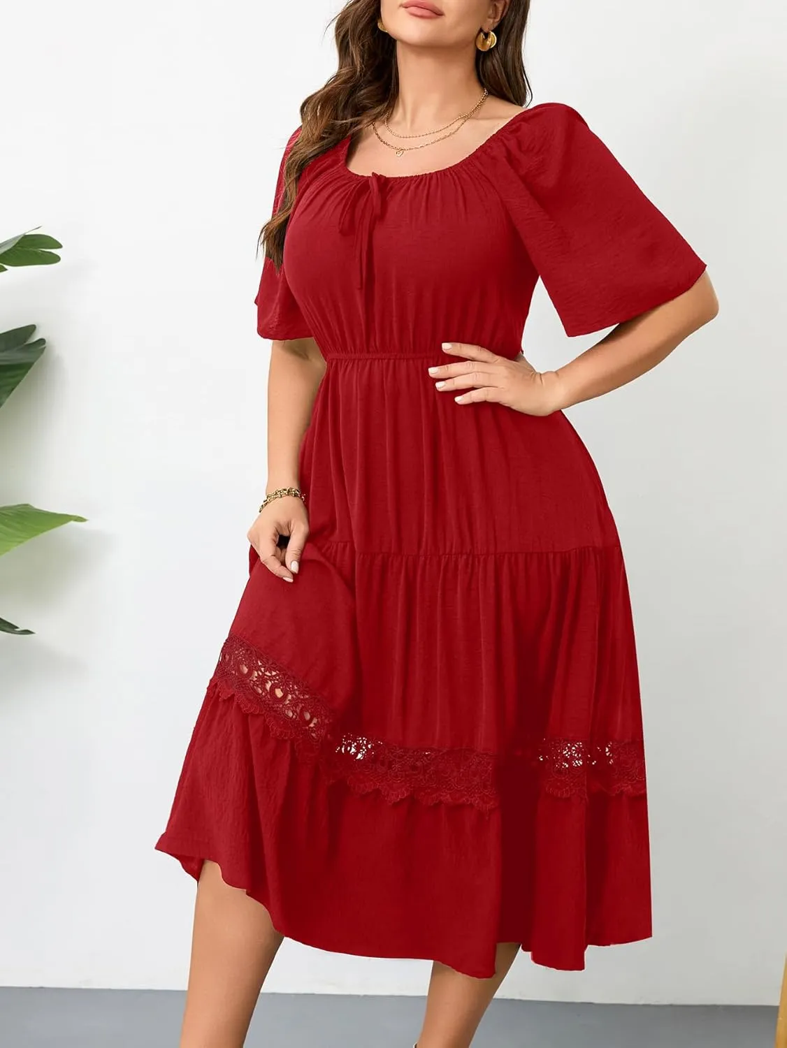 RWJ Women's Plus Size Maxi Dress Short Sleeve Square Neck Flowy A-Line Lace Trim Flutter Party Casual Off Shoulder Dresses
