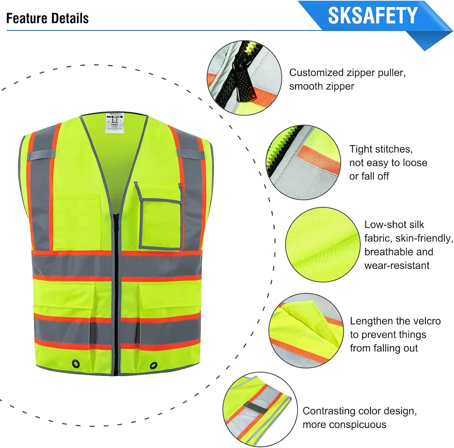 SKSAFETY 10 Pockets Safety Vest, Class 2 High Visibility Security with Zipper, Hi Vis Vest with Reflective Strips, ANSI/ISEA Standard, Construction Work Vest for Men  Women Lime, XL