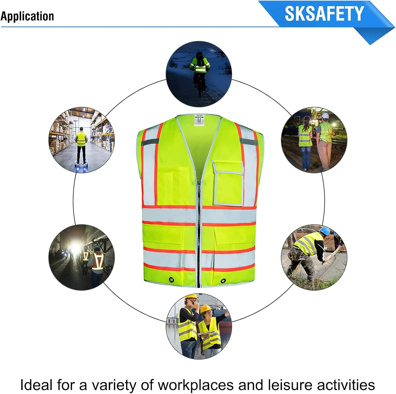 SKSAFETY 10 Pockets Safety Vest, Class 2 High Visibility Security with Zipper, Hi Vis Vest with Reflective Strips, ANSI/ISEA Standard, Construction Work Vest for Men  Women Lime, XL