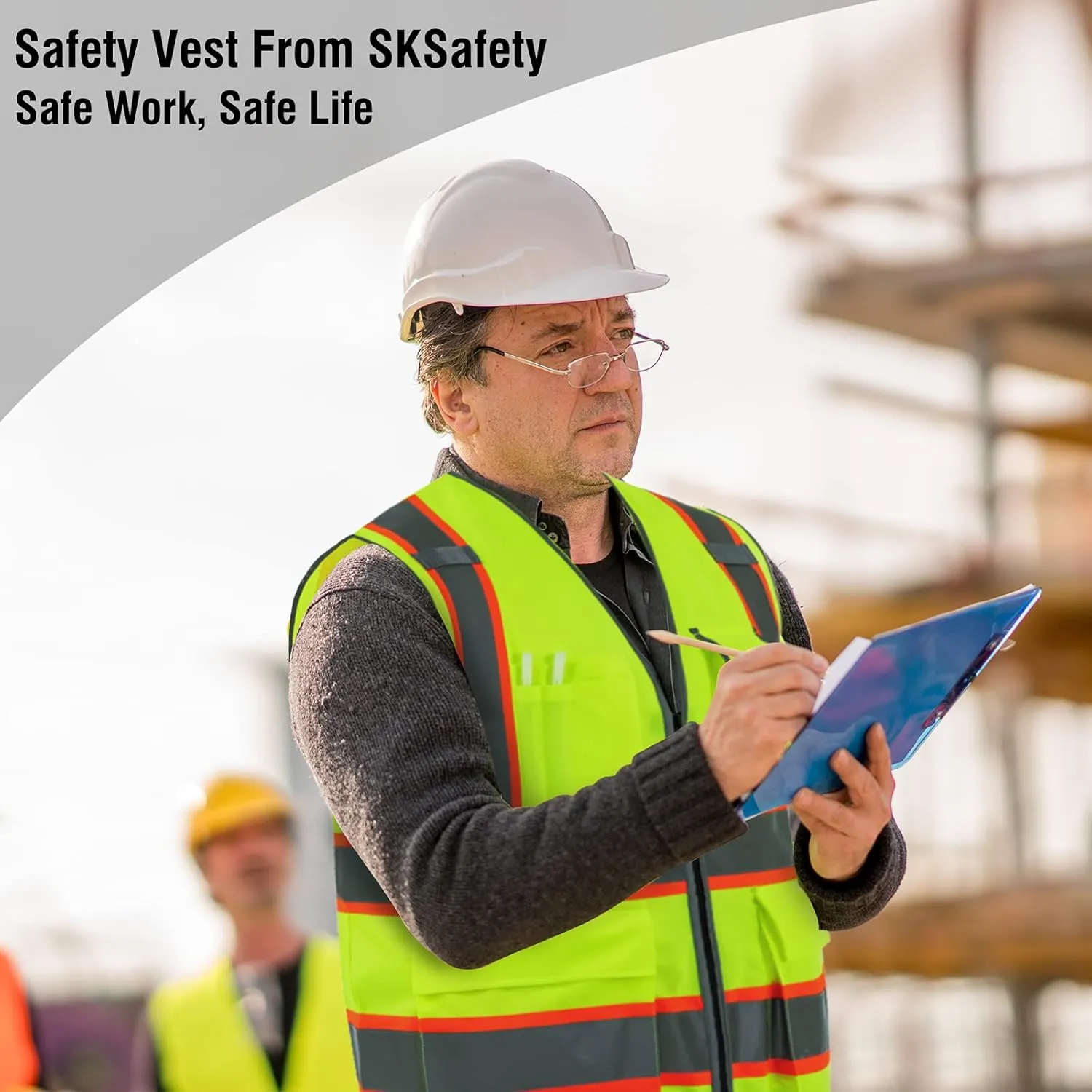 SKSAFETY 10 Pockets Safety Vest, Class 2 High Visibility Security with Zipper, Hi Vis Vest with Reflective Strips, ANSI/ISEA Standard, Construction Work Vest for Men  Women Lime, XL