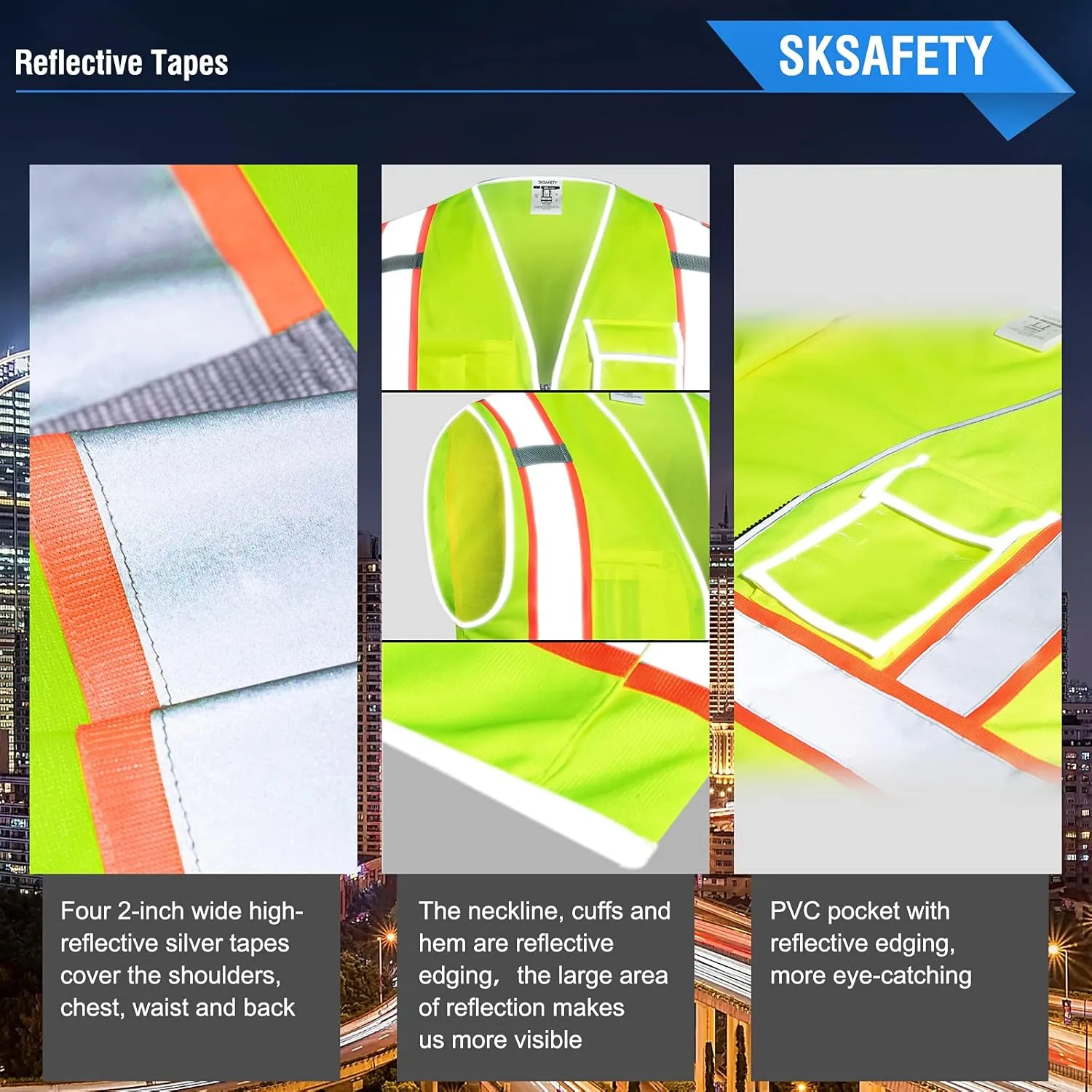 SKSAFETY 10 Pockets Safety Vest, Class 2 High Visibility Security with Zipper, Hi Vis Vest with Reflective Strips, ANSI/ISEA Standard, Construction Work Vest for Men  Women Lime, XL