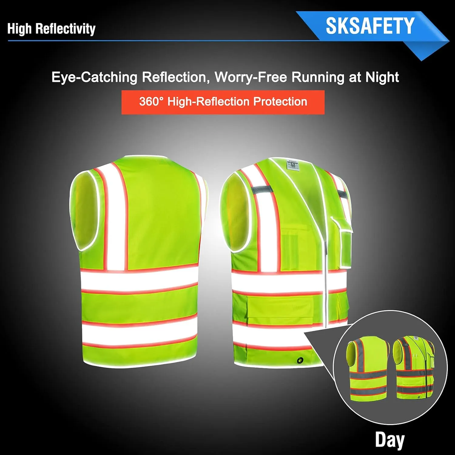 SKSAFETY 10 Pockets Safety Vest, Class 2 High Visibility Security with Zipper, Hi Vis Vest with Reflective Strips, ANSI/ISEA Standard, Construction Work Vest for Men  Women Lime, XL