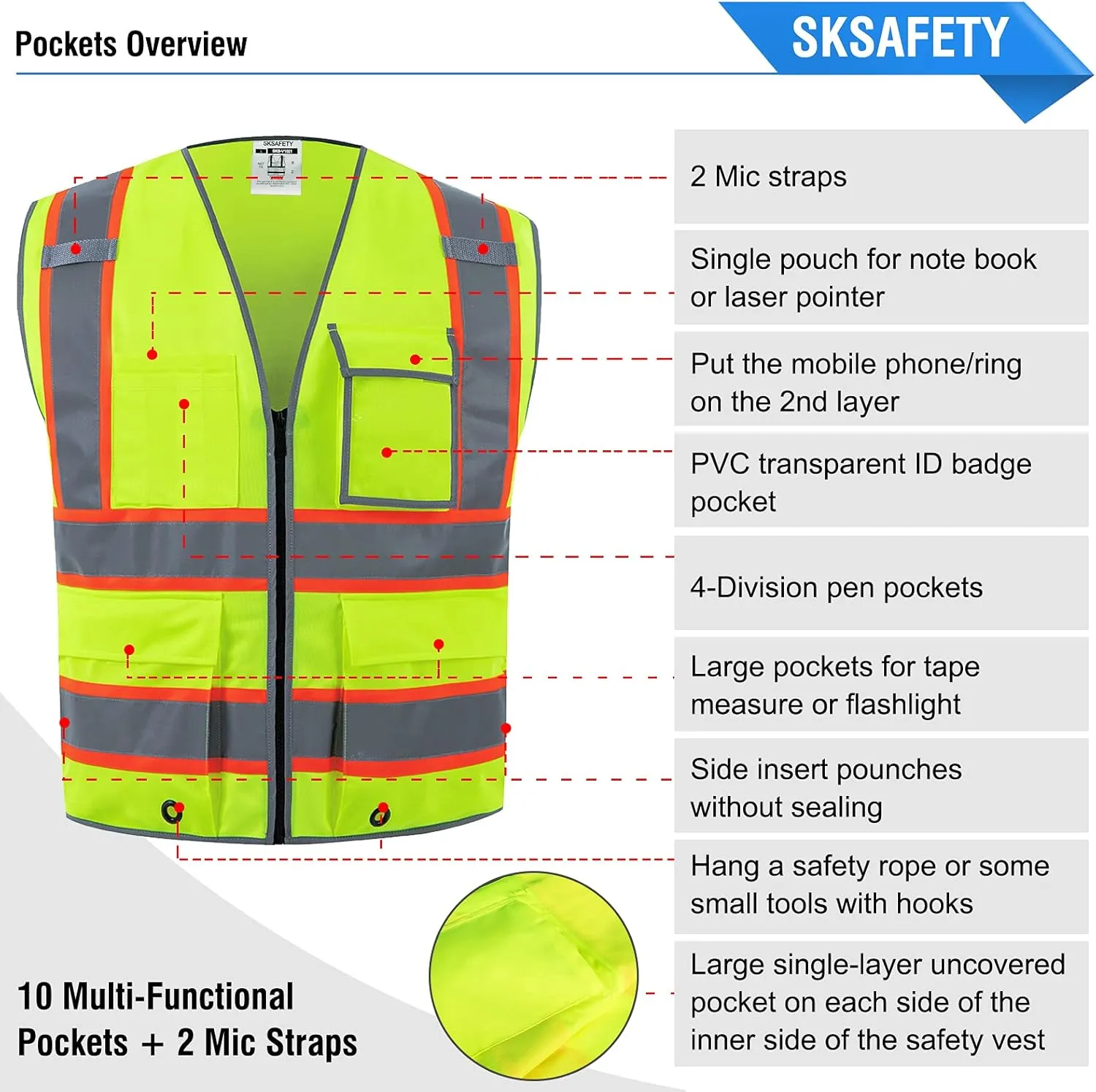 SKSAFETY 10 Pockets Safety Vest, Class 2 High Visibility Security with Zipper, Hi Vis Vest with Reflective Strips, ANSI/ISEA Standard, Construction Work Vest for Men  Women Lime, XL