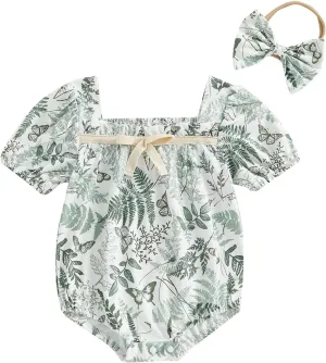 Summer Outfit Baby Girl Short Sleeve Romper Bodysuit Jumpsuit Striped Embroidered Mallard Duck Clothes