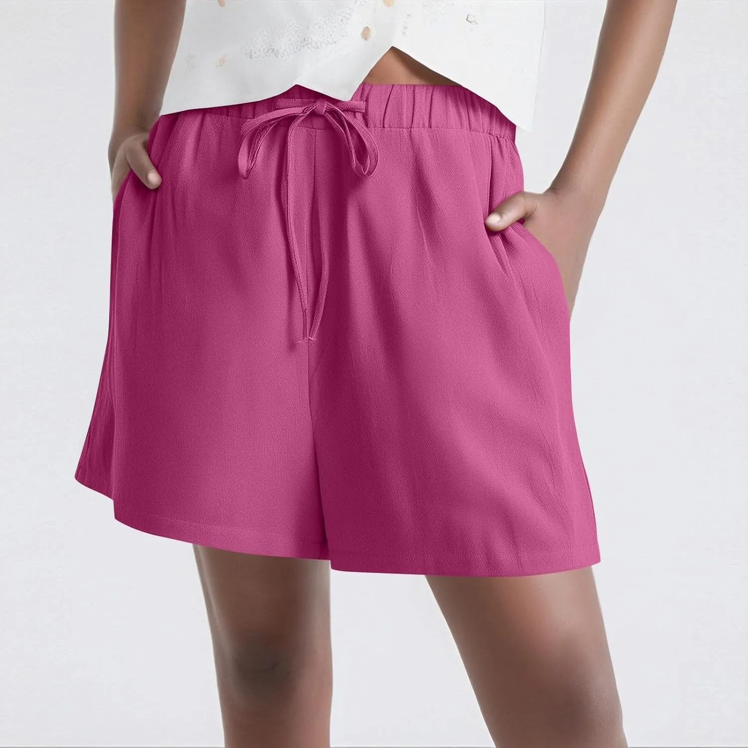 Summer Shorts for Women 2025 Vacation High Rise Linen Shorts Beach Flowy Elastic Pocket Solid Dressy Casual Pants 2025