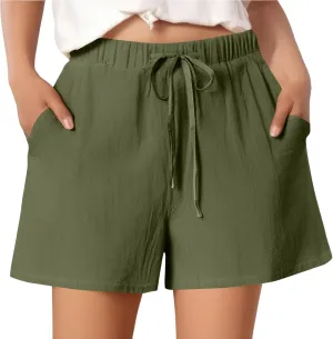 Summer Shorts for Women 2025 Vacation High Rise Linen Shorts Beach Flowy Elastic Pocket Solid Dressy Casual Pants 2025