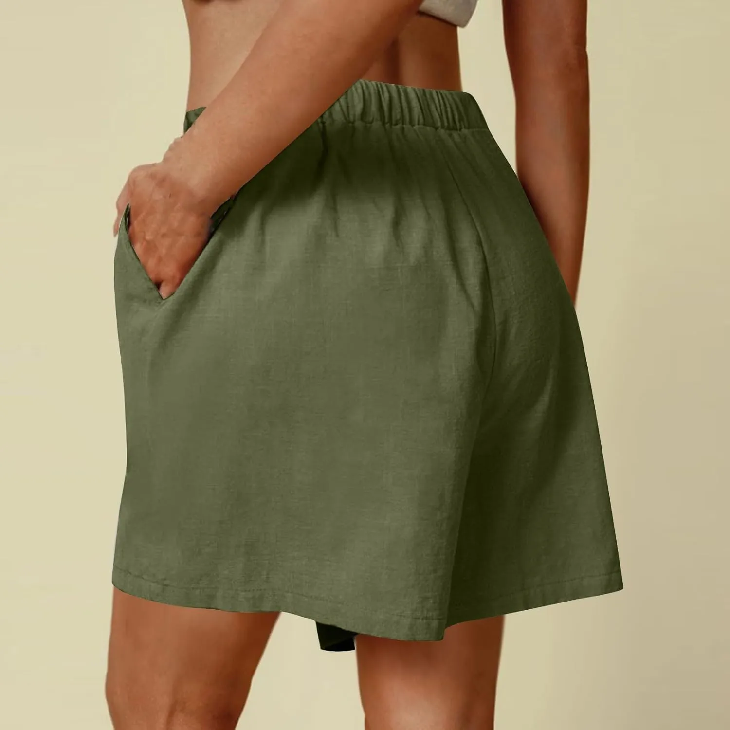 Summer Shorts for Women 2025 Vacation High Rise Linen Shorts Beach Flowy Elastic Pocket Solid Dressy Casual Pants 2025