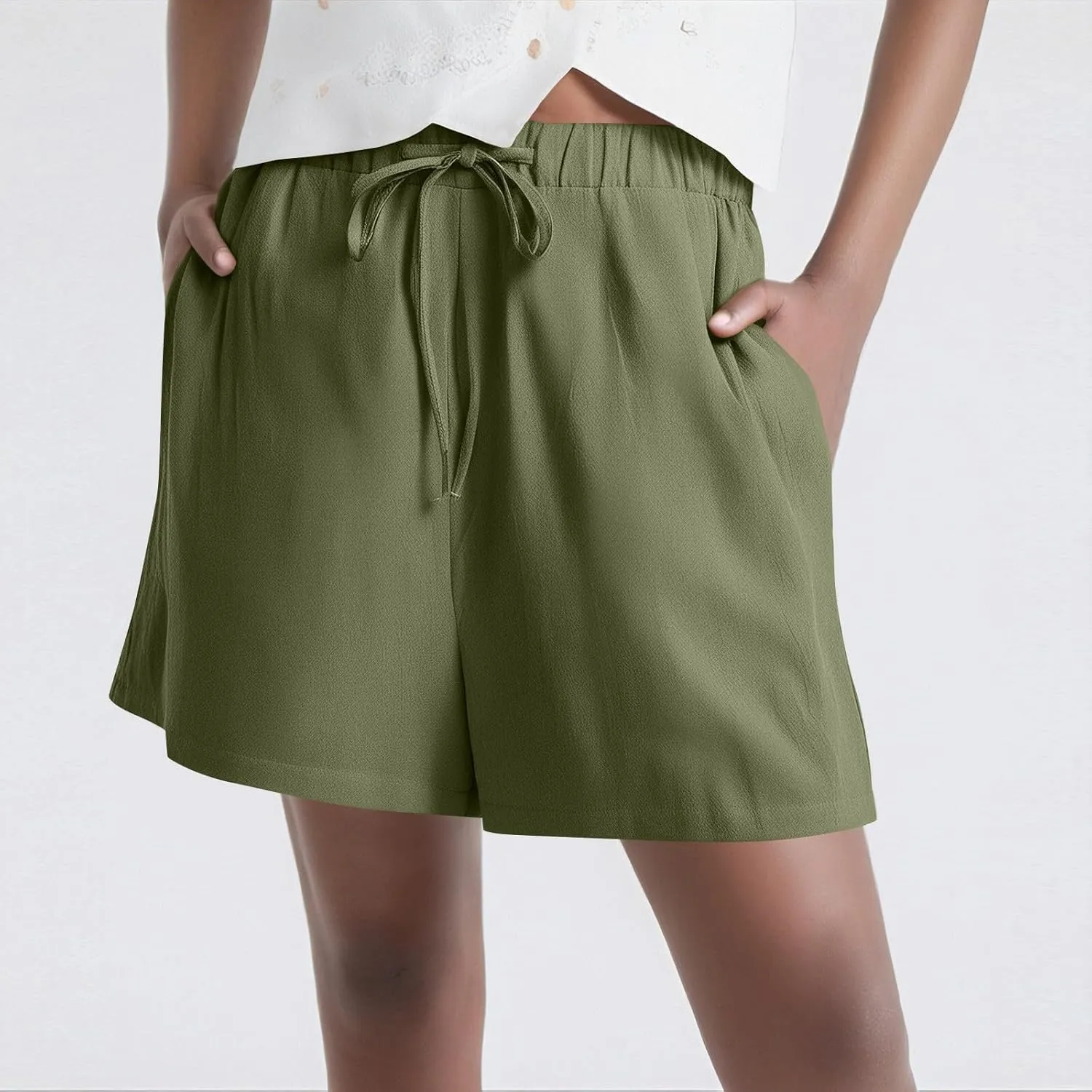 Summer Shorts for Women 2025 Vacation High Rise Linen Shorts Beach Flowy Elastic Pocket Solid Dressy Casual Pants 2025