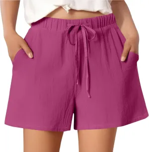 Summer Shorts for Women 2025 Vacation High Rise Linen Shorts Beach Flowy Elastic Pocket Solid Dressy Casual Pants 2025