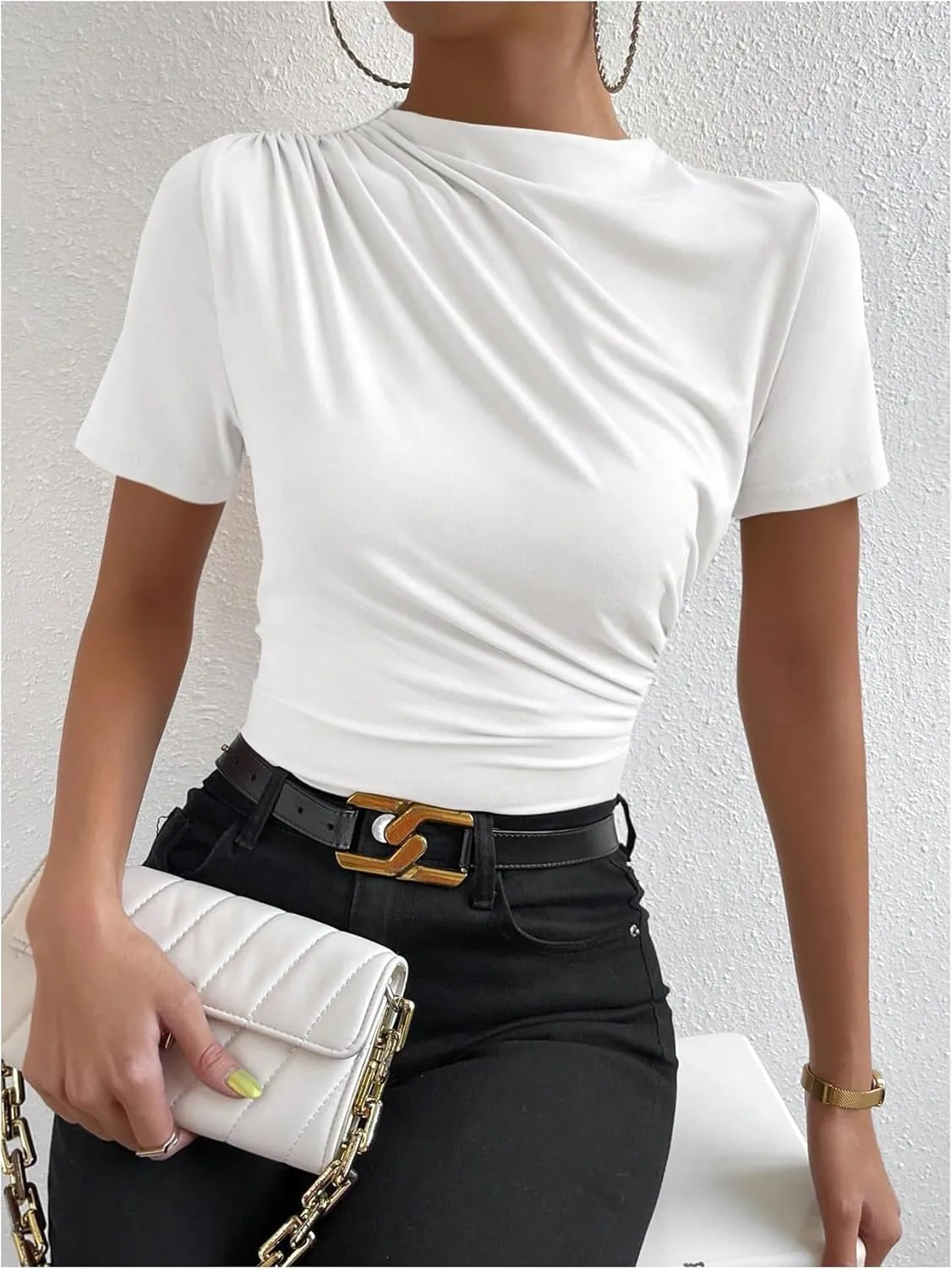SweatyRocks Women's Ruched Mock Neck T Shirt Short Sleeve Fitted Summer Basic Tops