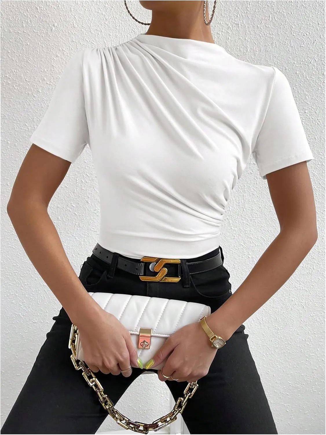 SweatyRocks Women's Ruched Mock Neck T Shirt Short Sleeve Fitted Summer Basic Tops