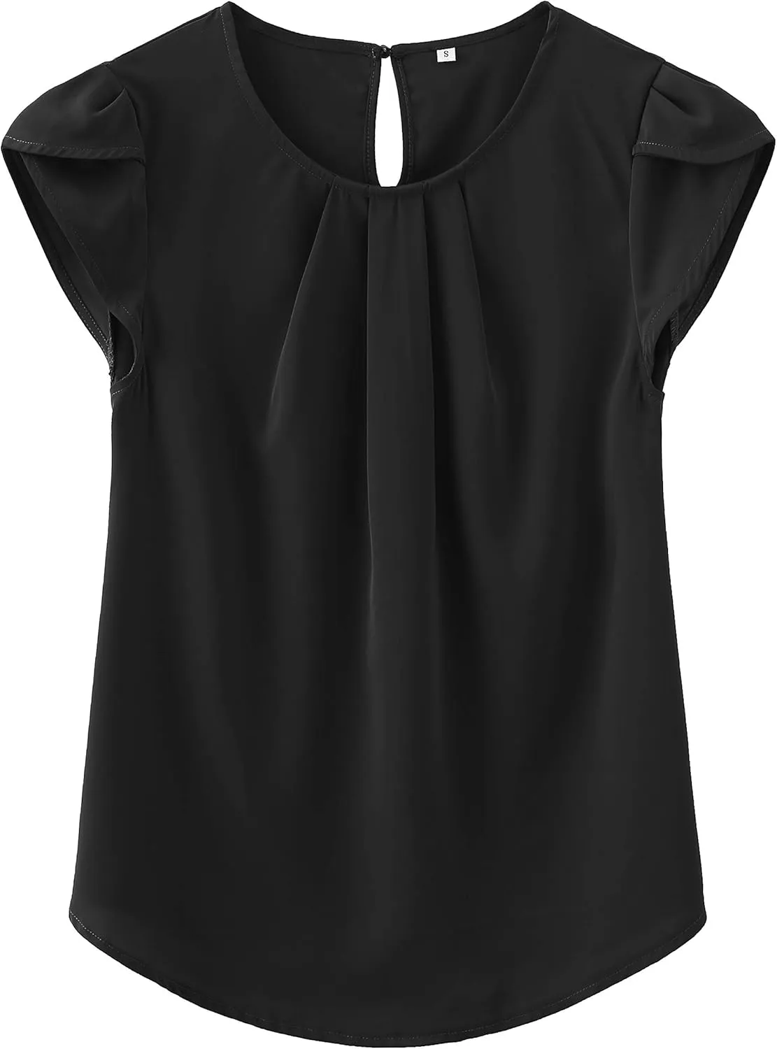 TASAMO Women's Casual Round Neck Basic Pleated Top Cap Sleeve Curved Keyhole Back Chiffon Blouse