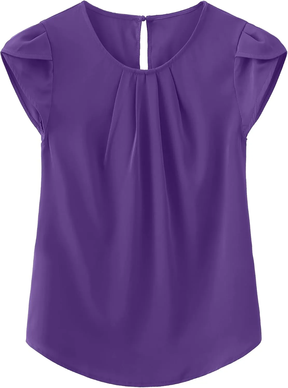 TASAMO Women's Casual Round Neck Basic Pleated Top Cap Sleeve Curved Keyhole Back Chiffon Blouse