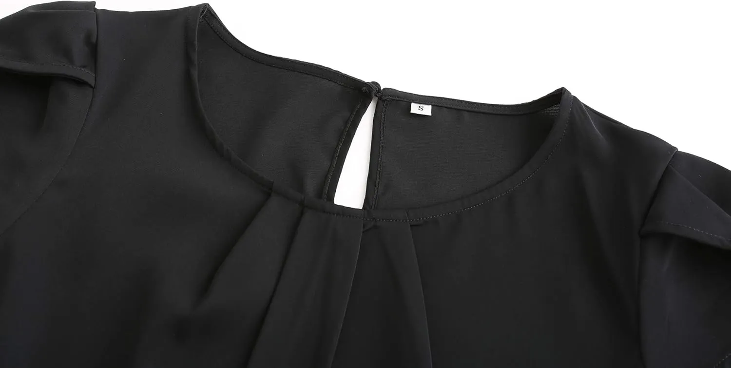 TASAMO Women's Casual Round Neck Basic Pleated Top Cap Sleeve Curved Keyhole Back Chiffon Blouse