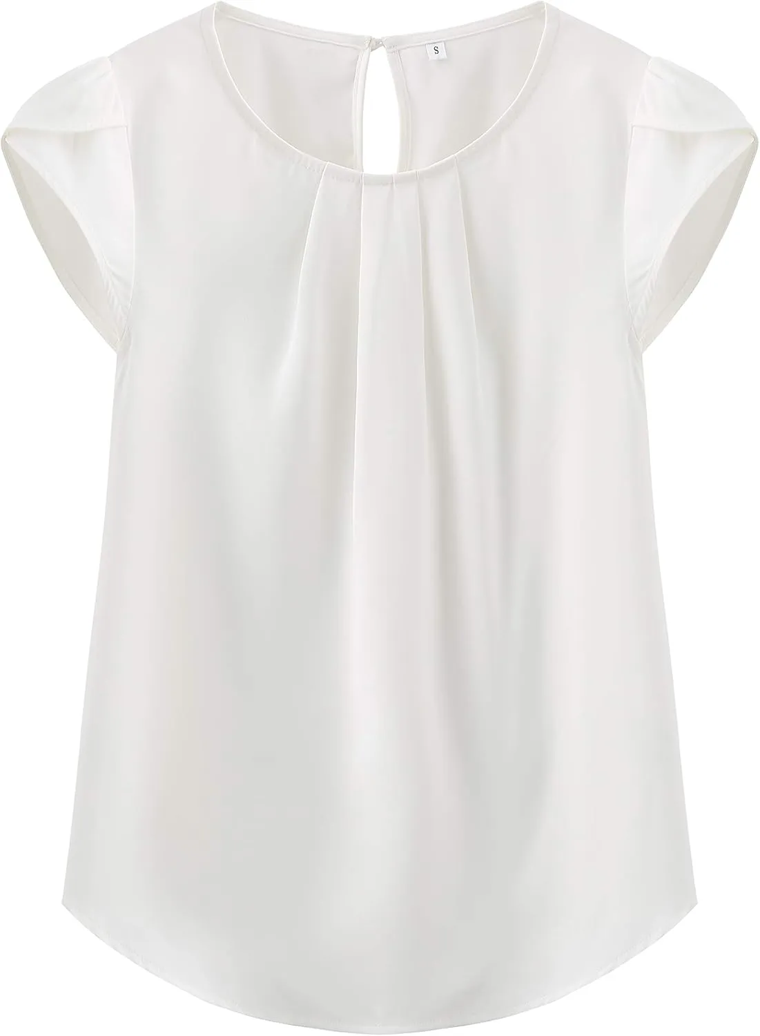 TASAMO Women's Casual Round Neck Basic Pleated Top Cap Sleeve Curved Keyhole Back Chiffon Blouse
