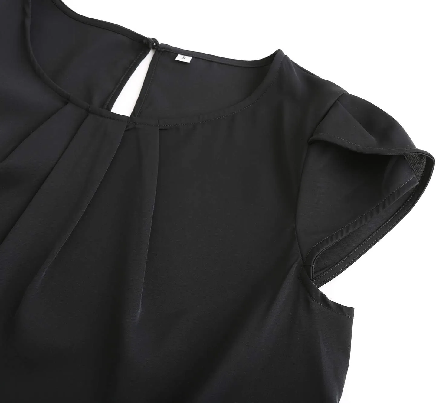 TASAMO Women's Casual Round Neck Basic Pleated Top Cap Sleeve Curved Keyhole Back Chiffon Blouse