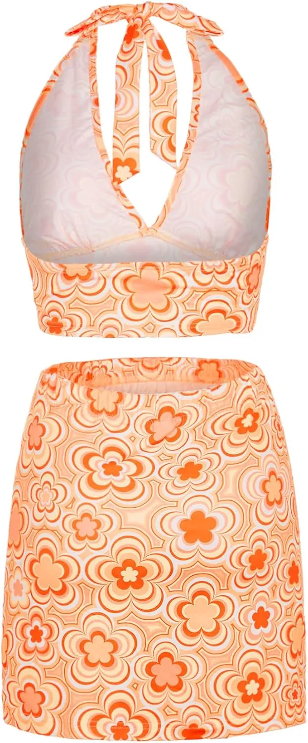 Verdusa Women's 2 Piece Outfit Floral Crop Halter Top and Split Bodycon Sets