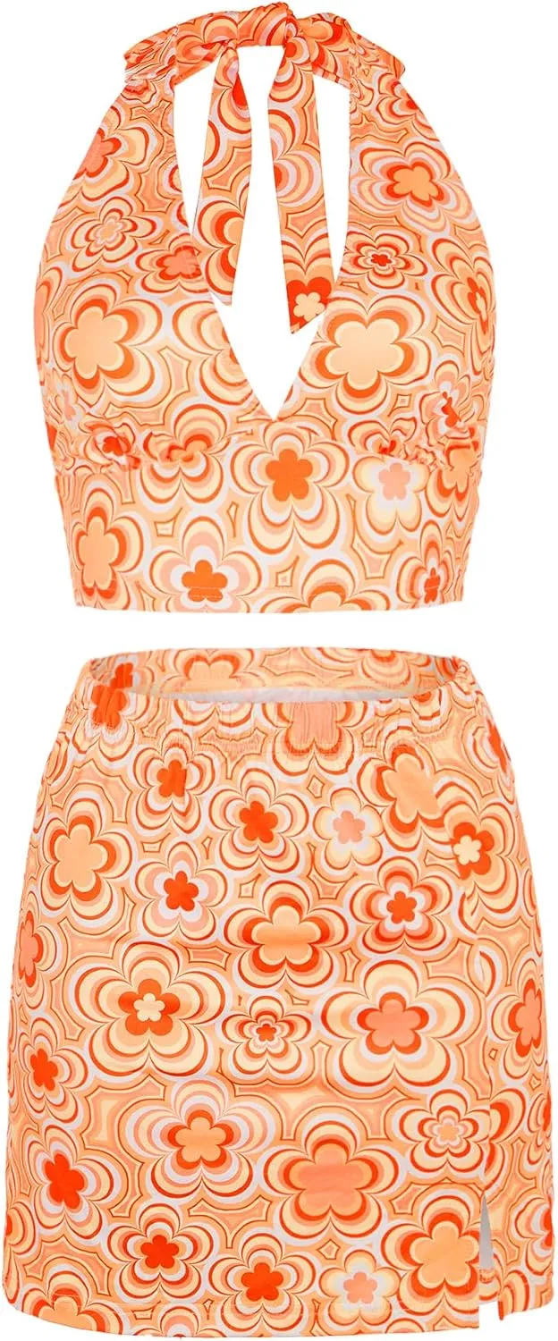 Verdusa Women's 2 Piece Outfit Floral Crop Halter Top and Split Bodycon Sets
