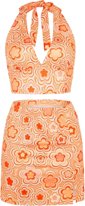 Verdusa Women's 2 Piece Outfit Floral Crop Halter Top and Split Bodycon Sets