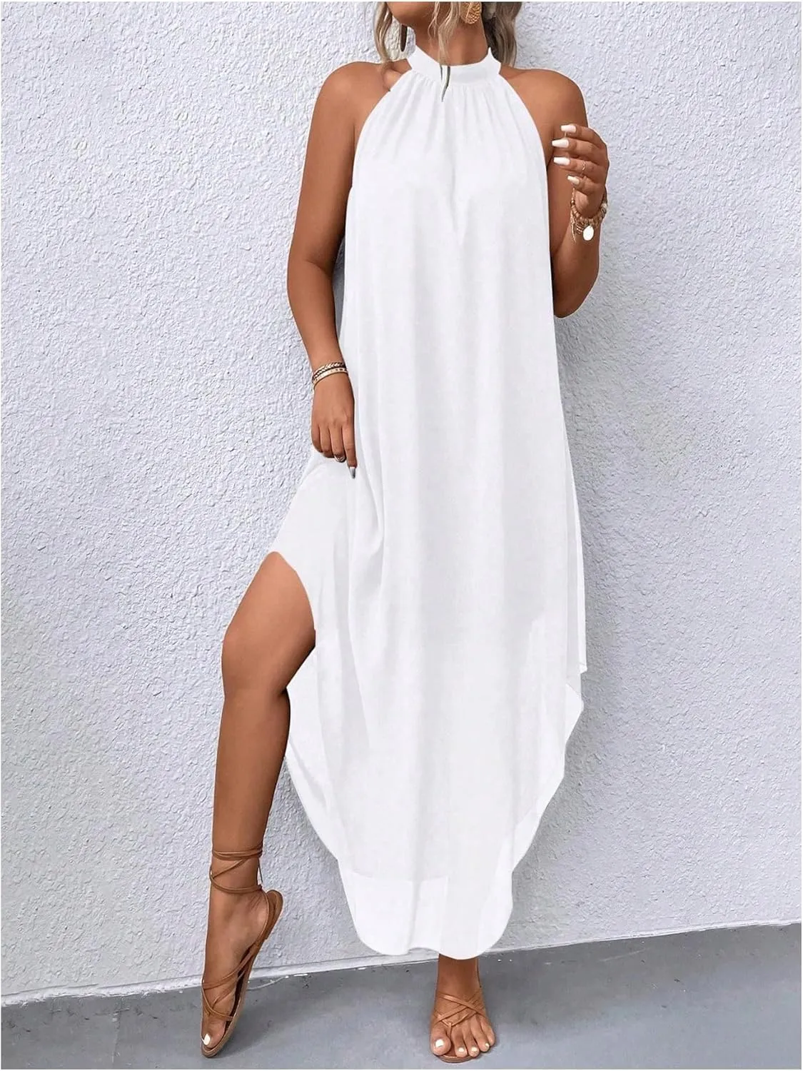 Verdusa Women's Flowy Halter Neck Sleeveless Asymmetrical Hem Maxi Long Dress