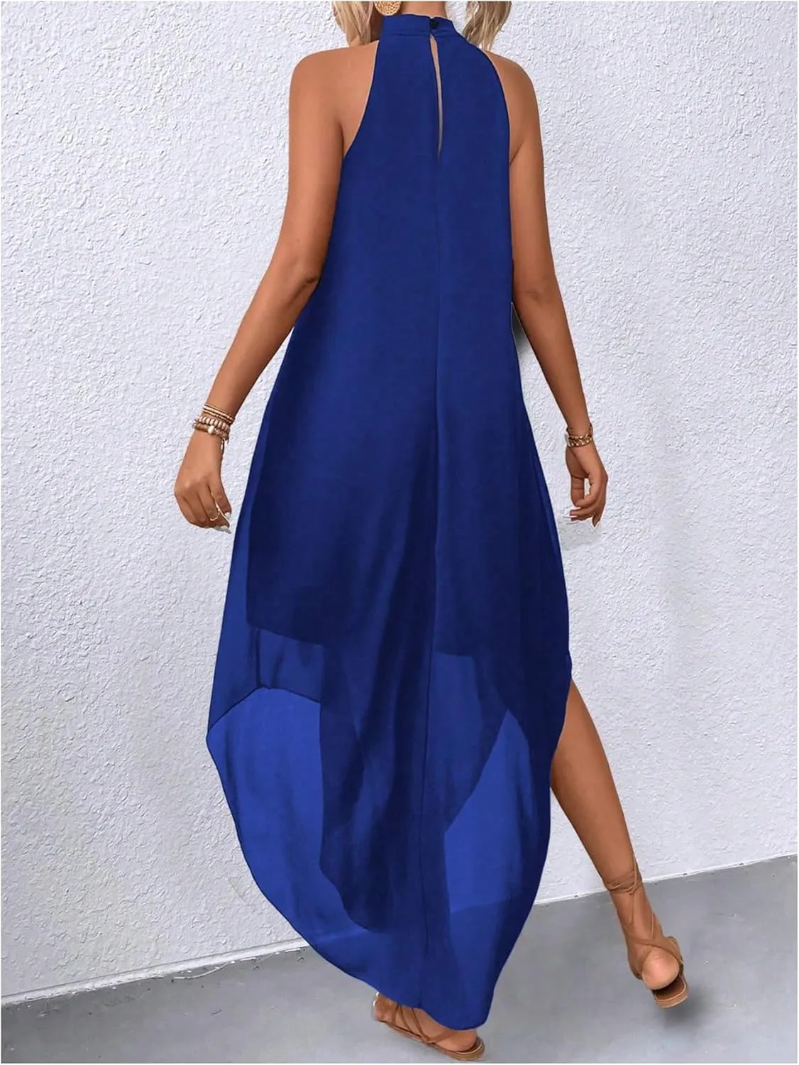 Verdusa Women's Flowy Halter Neck Sleeveless Asymmetrical Hem Maxi Long Dress