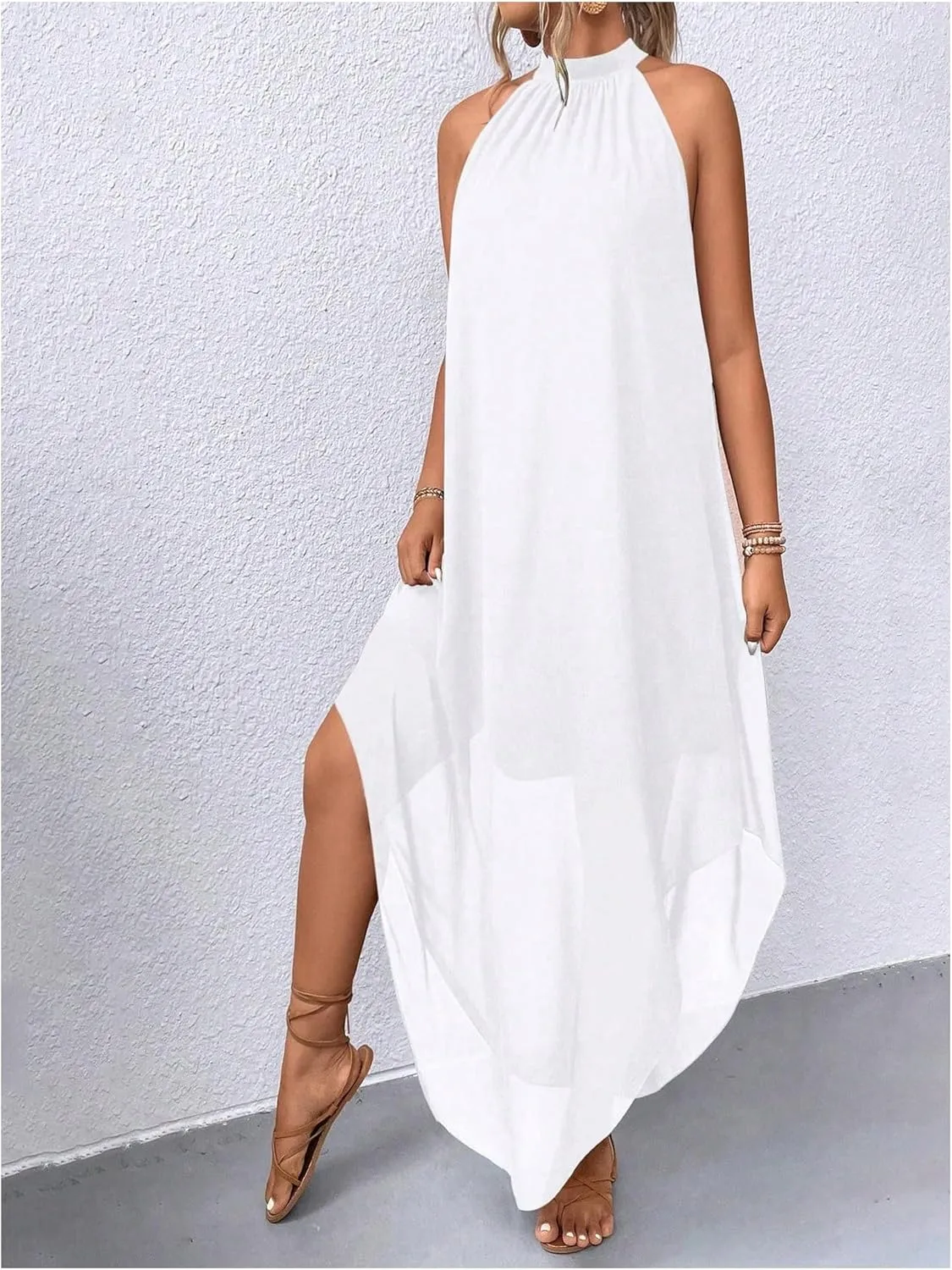 Verdusa Women's Flowy Halter Neck Sleeveless Asymmetrical Hem Maxi Long Dress