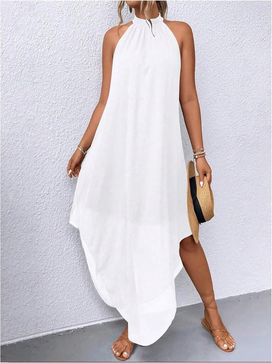 Verdusa Women's Flowy Halter Neck Sleeveless Asymmetrical Hem Maxi Long Dress