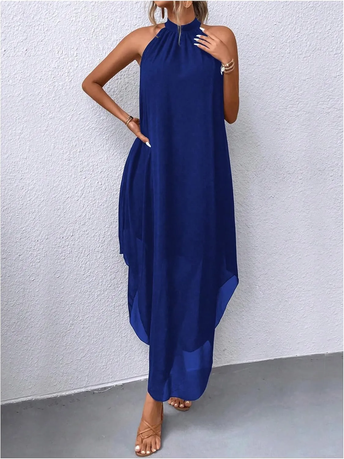 Verdusa Women's Flowy Halter Neck Sleeveless Asymmetrical Hem Maxi Long Dress