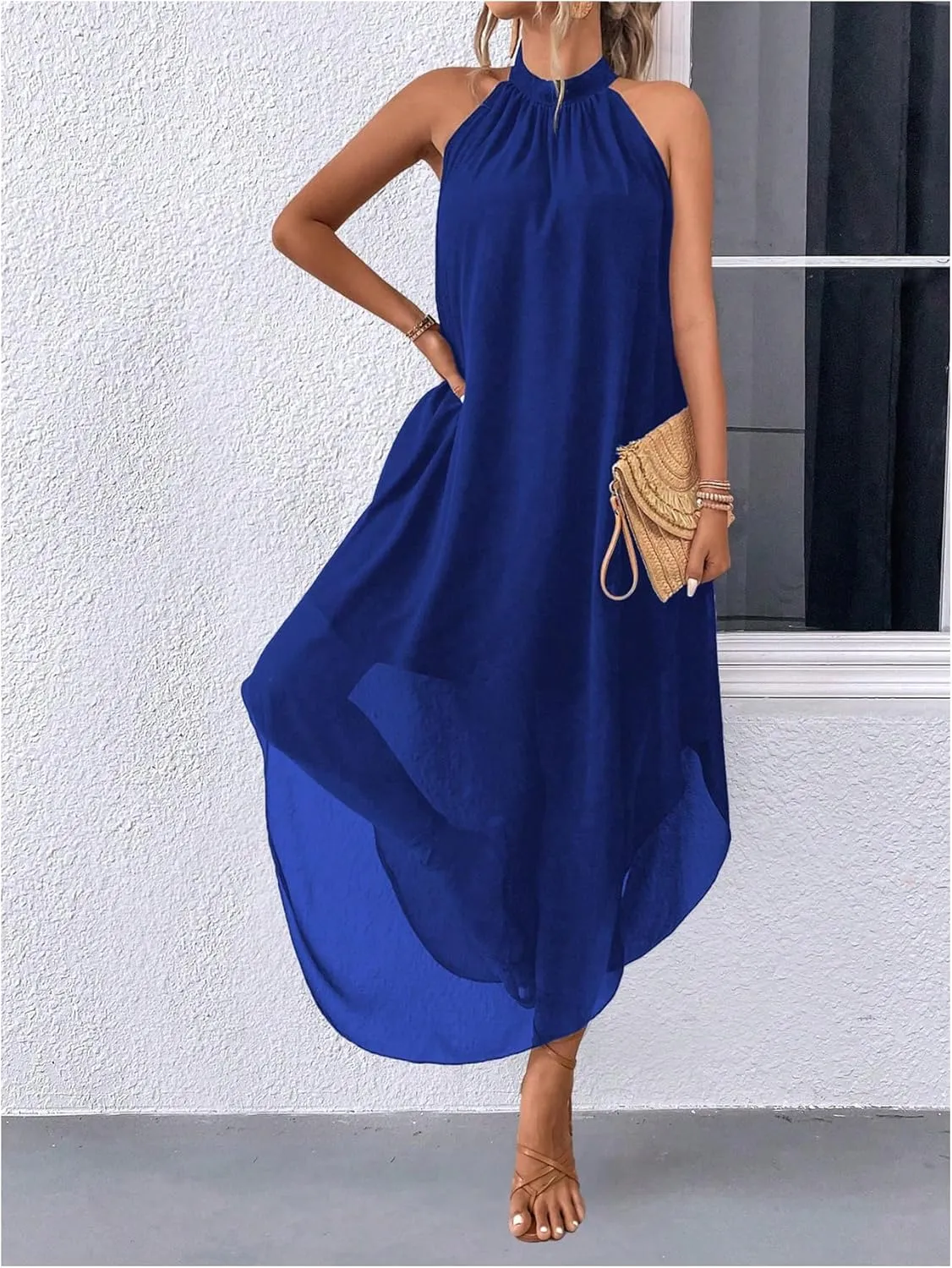 Verdusa Women's Flowy Halter Neck Sleeveless Asymmetrical Hem Maxi Long Dress