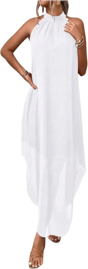 Verdusa Women's Flowy Halter Neck Sleeveless Asymmetrical Hem Maxi Long Dress
