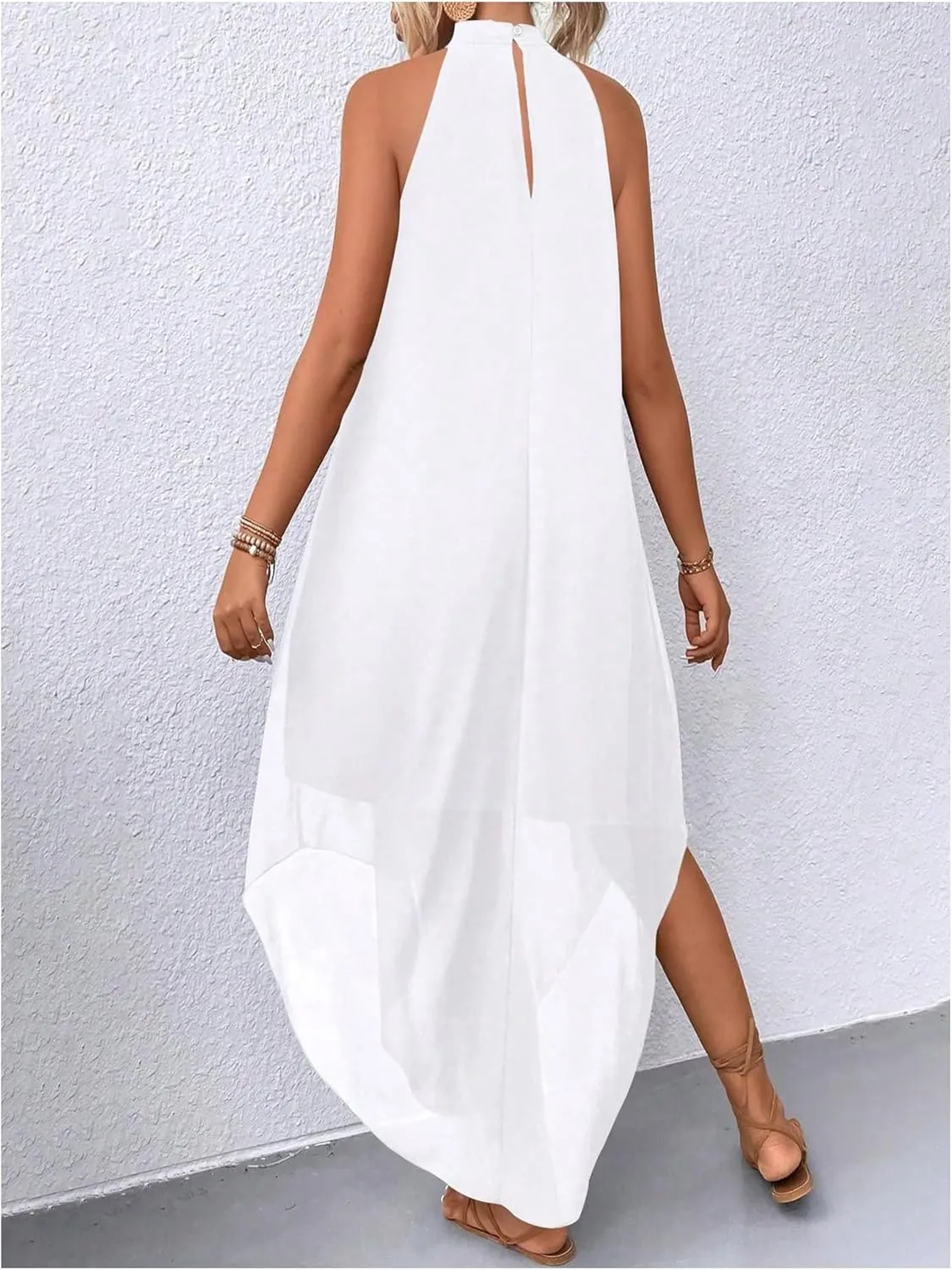Verdusa Women's Flowy Halter Neck Sleeveless Asymmetrical Hem Maxi Long Dress